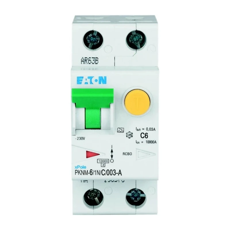 Eaton Residual Current Device PKNM Series 6A 2-Pole 30 mA Type C 10 kA 230V AC 236022 PKNM-6/1N/C/003-A-MW