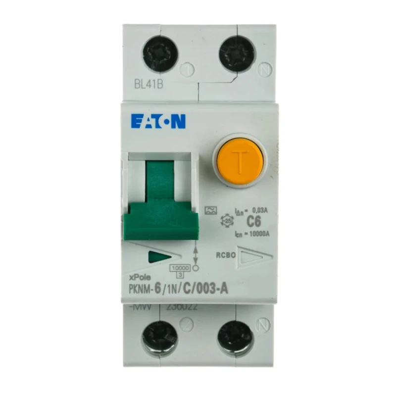 Eaton Residual Current Device PKNM Series 6A 2-Pole 30 mA Type C 10 kA 230V AC 236022 PKNM-6/1N/C/003-A-MW