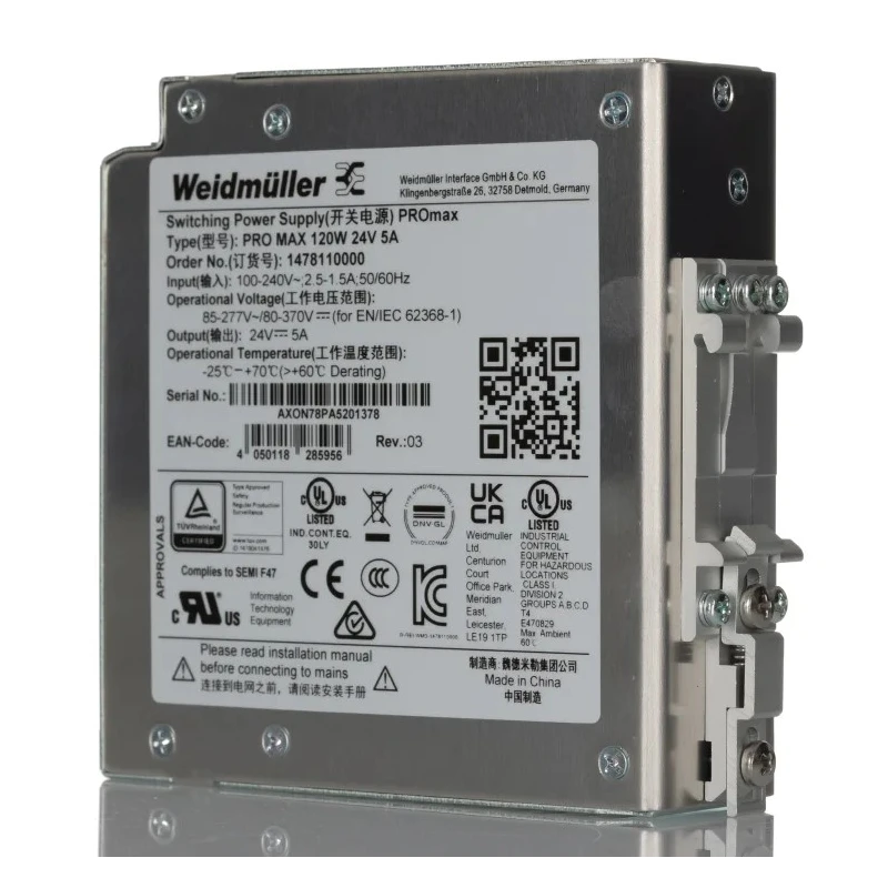 Weidmüller PRO Max Switched Mode DIN Rail Power Supply 264V AC/DC Input 28V DC, 5 A Output, 120 W 1478110000