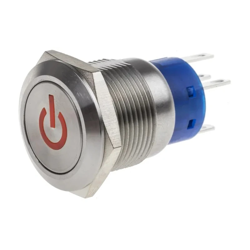 RS PRO Illuminated Push Button Switch Latching Panel Mount 19 mm Cutout SPDT Red LED IP67 250V AC 5A 111-3902