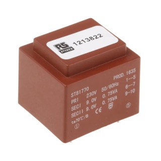RS PRO 2 x 9 V AC 2 Output PCB Transformer, Single Primary Independent Secondary Windings, 1.5VA, 230 V AC Primary 121-3822