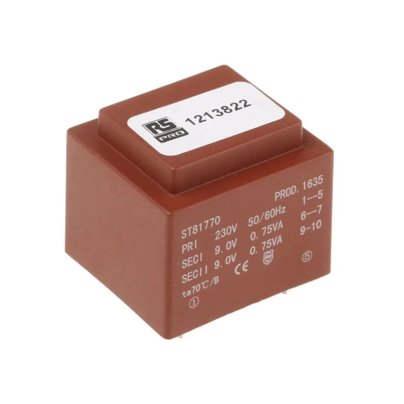 RS PRO 2 x 9 V AC 2 Output PCB Transformer, Single Primary Independent Secondary Windings, 1.5VA, 230 V AC Primary 121-3822