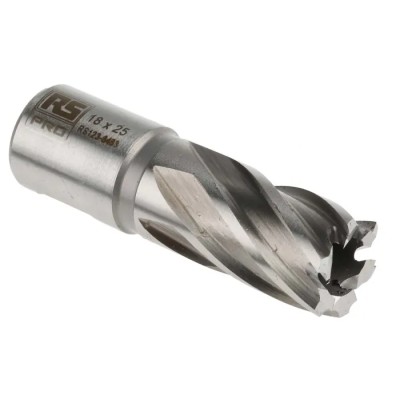 RS PRO High-Speed Steel Magnetic Drill Bit 18 mm Cutter Diameter 25 mm Cutting Depth Straight Flute Bright Finish 123-8483