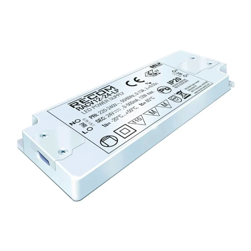 Recom Constant-Voltage LED Driver 12V DC 12W Power 1000mA Current IP20 Screw Mount Enclosed AC-DC Output RACV12-12-LP IP20