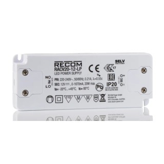 Recom IP20 1 Output LED Driver 12V DC 20W 1670mA Constant Voltage RACV20-12-LP