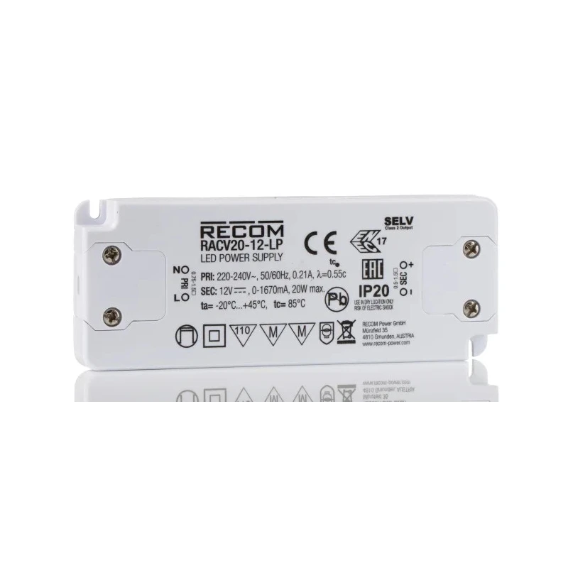 Recom IP20 1 Output LED Driver 12V DC 20W 1670mA Constant Voltage RACV20-12-LP
