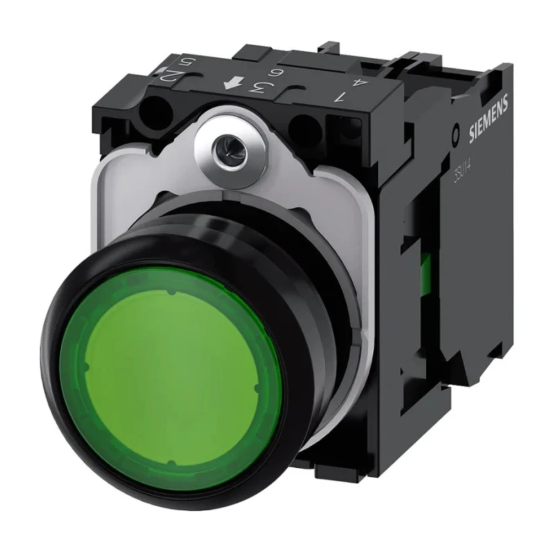Siemens SIRIUS ACT 3SU11 Series Illuminated Push Button Complete Unit Panel Mount 22mm Cutout Green SPST 3SU1106-0AB40-1BA0