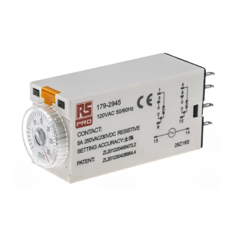 RS PRO Timer Relay 2-Contact 110V AC 1 to 30 min On Delay DPDT Switch Configuration 179-2945