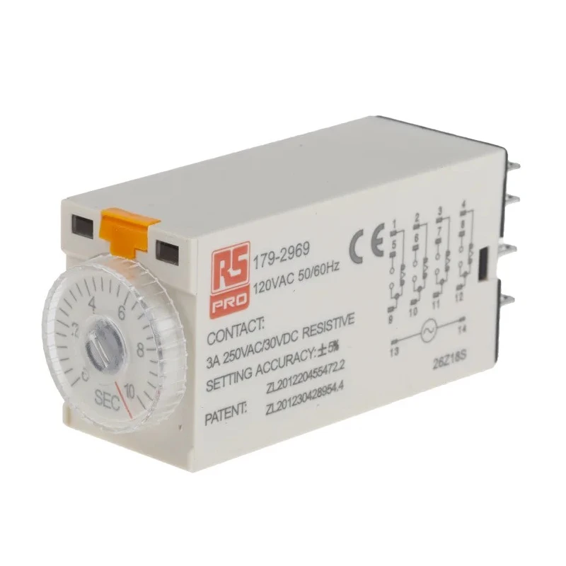 RS PRO Timer Relay 4-Contact 110V AC 0.5 to 10 Seconds 1-Function 4PDT Switch Configuration 179-2969