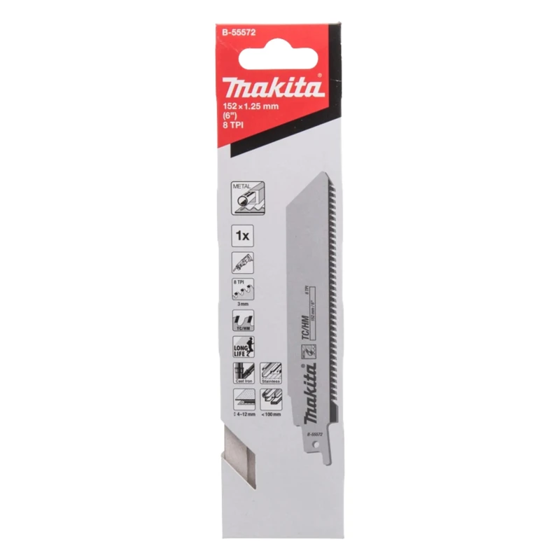 Makita Reciprocating Saw Blade Tungsten Carbide 100 mm Length, 25 mm Width, 1.25 mm Thickness, 8 Teeth Per Inch B-55572