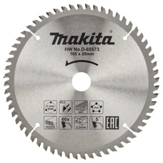 Makita Circular Saw Blade 165mm Diameter, 60 Teeth Per Inch, Tungsten Carbide TCG Tooth Configuration, 5° Rake Angle D-81206