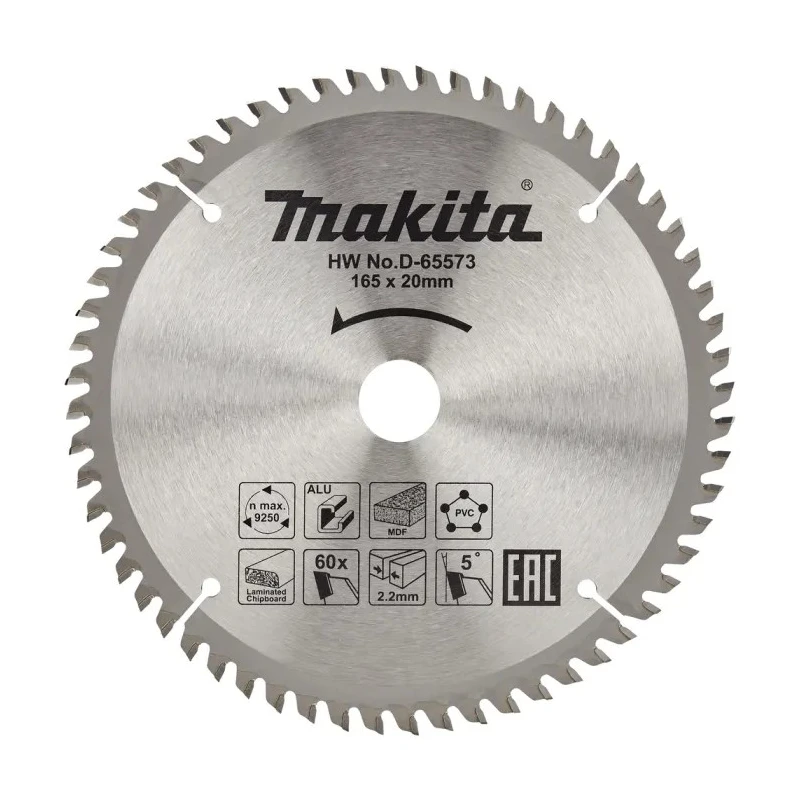 Makita Circular Saw Blade 165mm Diameter, 60 Teeth Per Inch, Tungsten Carbide TCG Tooth Configuration, 5° Rake Angle D-81206