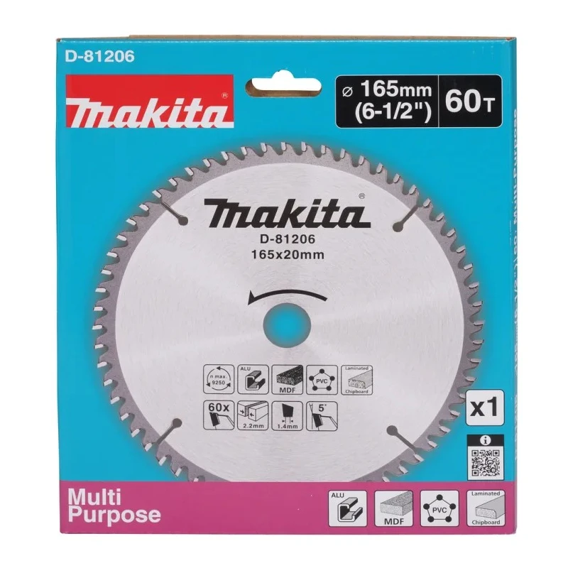 Makita Circular Saw Blade 165mm Diameter, 60 Teeth Per Inch, Tungsten Carbide TCG Tooth Configuration, 5° Rake Angle D-81206