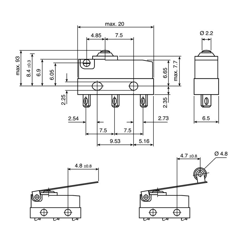 ZF Button Micro Switch, Solder Terminal, 10.1A, 250 V ac, SPDT, IP6K7 DC2C-A1AA