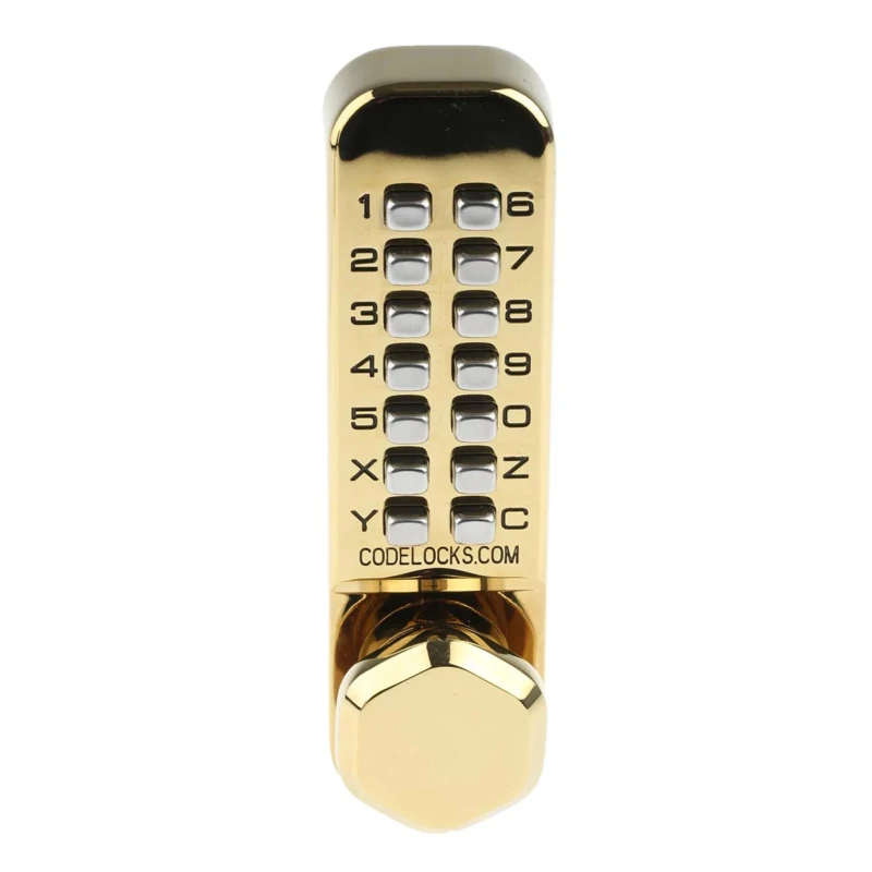 Codelock Brass Mechanical Polished Code Lock, Push Button Code, Housing 141mm x 41mm, Door Thickness 35-60mm 255 PB