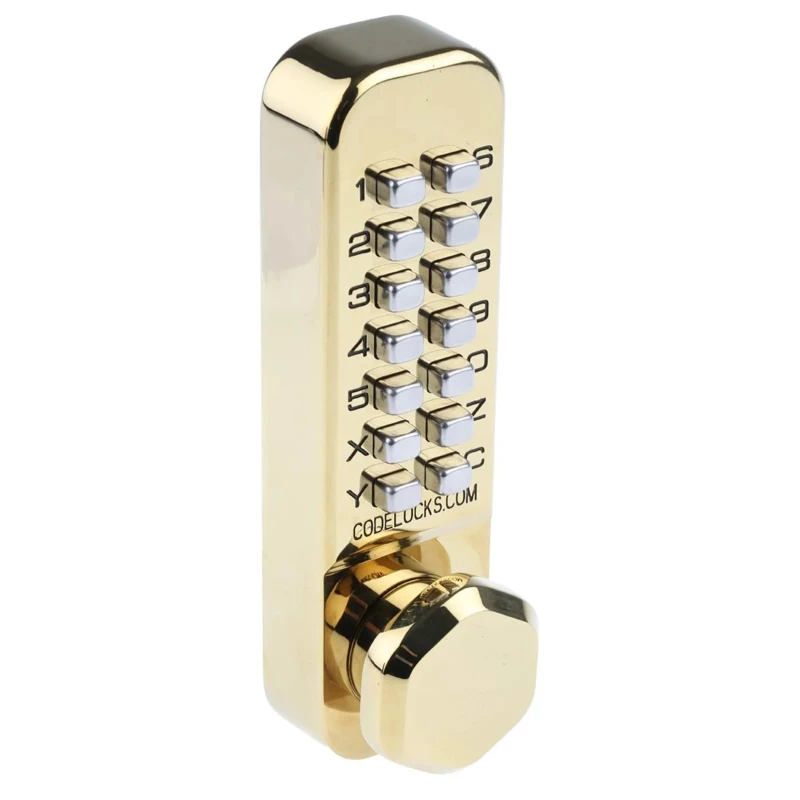Codelock Brass Mechanical Polished Code Lock, Push Button Code, Housing 141mm x 41mm, Door Thickness 35-60mm 255 PB