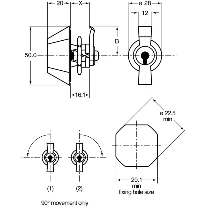 Euro-Locks a Lowe & Fletcher group Company Camlock, 16.1 mm Panel-to-Tongue 20.1 x 22.5 mm, Key Unlock 0025012