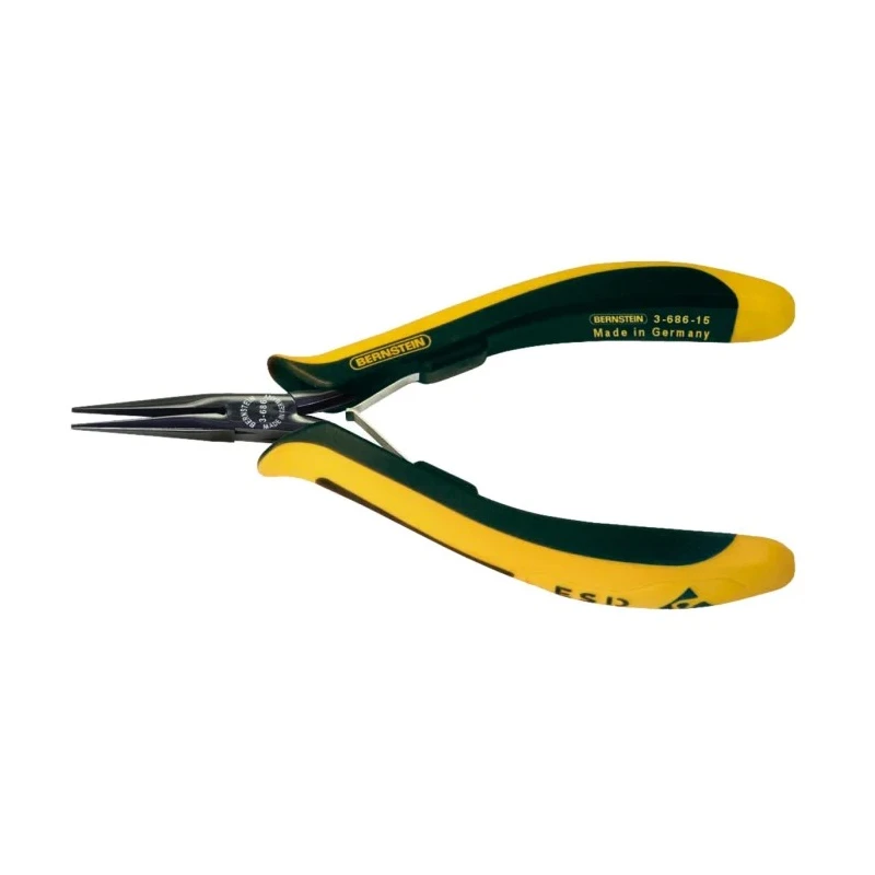 Bernstein Long Nose Plier, Snipe Nose, 140mm Overall Length, VDE/1000V Approved, ESD Safe, Ergonomic Handle, Steel 3-686-15