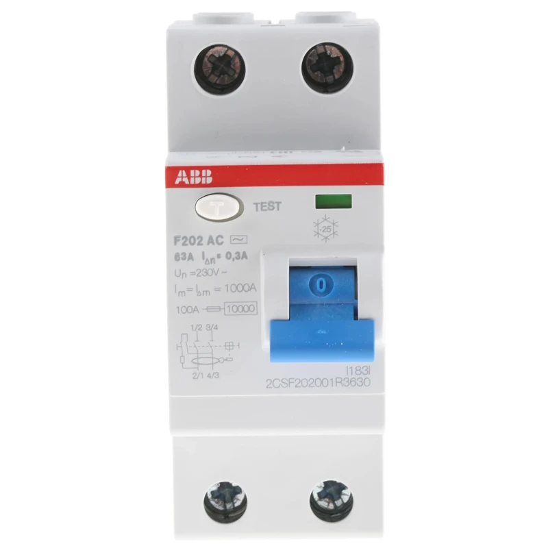 ABB Residual Current Circuit Breaker, 63A, 2-Pole, 300 mA Trip Sensitivity, Type AC, 400V AC 2CSF202001R3630 F202 AC-63/0,3