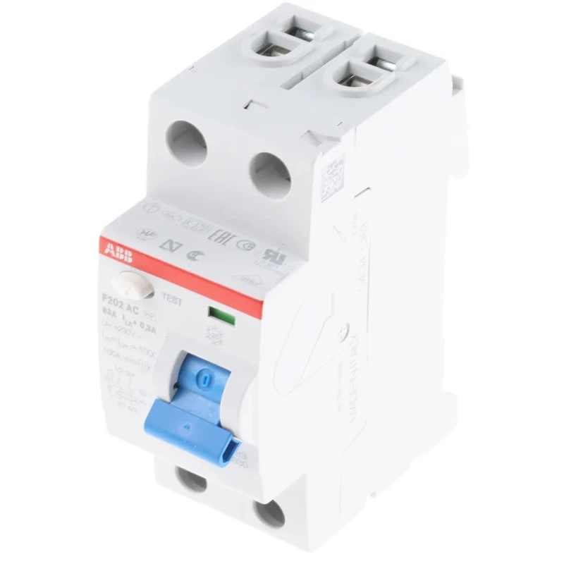 ABB Residual Current Circuit Breaker, 63A, 2-Pole, 300 mA Trip Sensitivity, Type AC, 400V AC 2CSF202001R3630 F202 AC-63/0,3