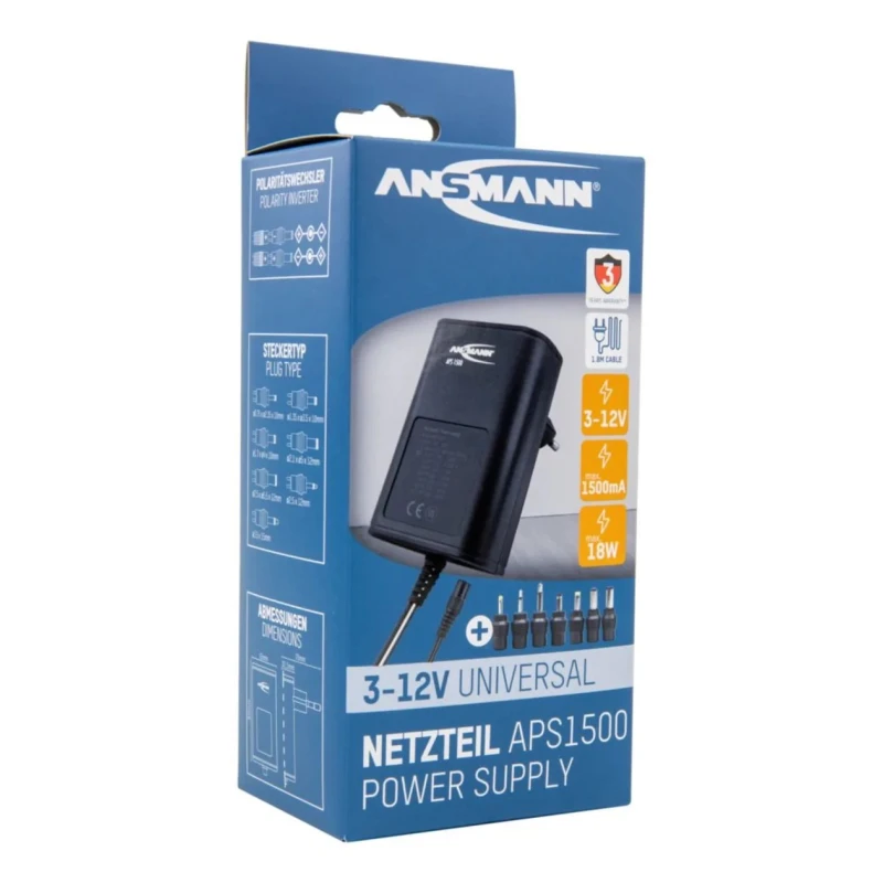 Ansmann Interchangeable AC/DC Adapter Type C 18W 12V dc, 3V dc, 4.5V dc, 5V dc, 6V dc, 7.5V dc, 9V dc 5111253