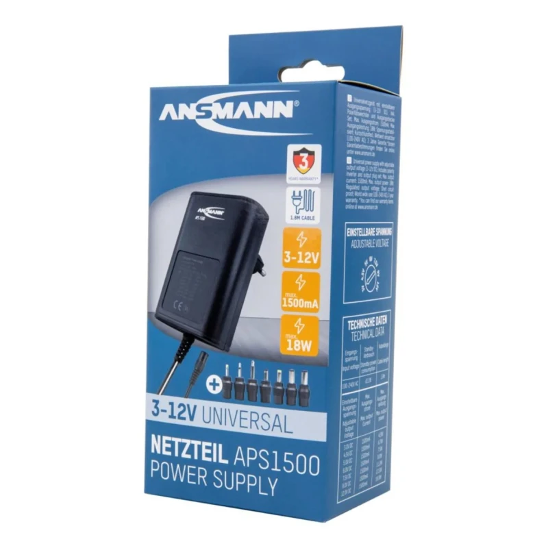 Ansmann Interchangeable AC/DC Adapter Type C 18W 12V dc, 3V dc, 4.5V dc, 5V dc, 6V dc, 7.5V dc, 9V dc 5111253