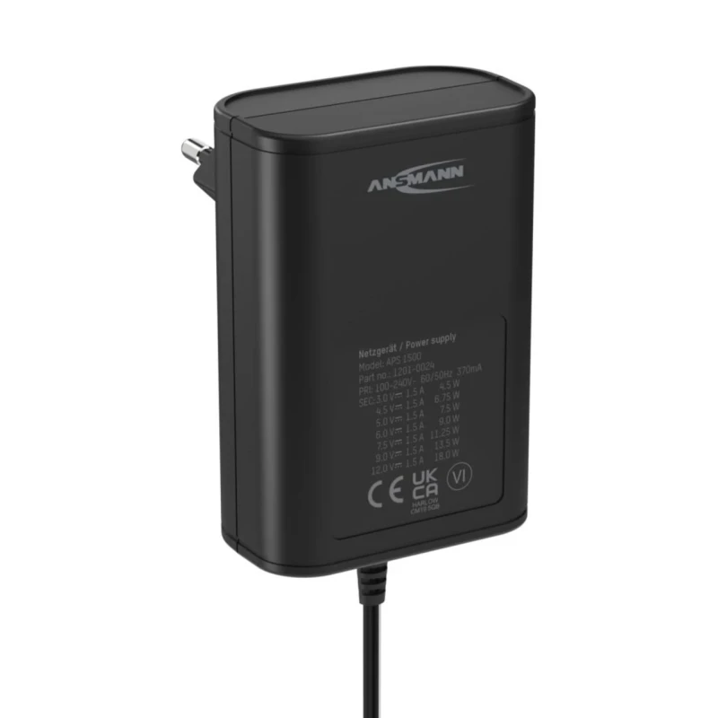 Ansmann Interchangeable AC/DC Adapter Type C 18W 12V dc, 3V dc, 4.5V dc, 5V dc, 6V dc, 7.5V dc, 9V dc 5111253