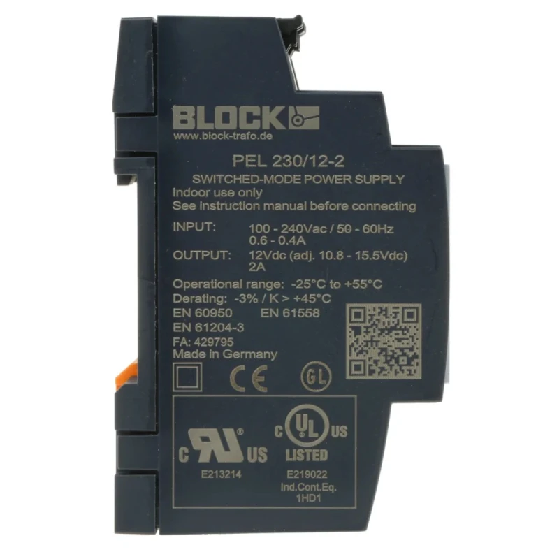 Block PEL 230/12-2 Switch Mode DIN Rail Power Supply 264V AC/DC Input 15.5V DC 2A Output 24W PEL 230/12-2