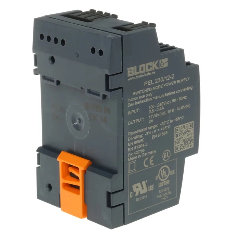 Block PEL 230/12-2 Switch Mode DIN Rail Power Supply 264V AC/DC Input 15.5V DC 2A Output 24W PEL 230/12-2