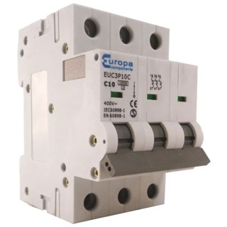 Europa Miniature Circuit Breaker, 3-Pole, 6A, Type C, 400V AC, 10 kA Breaking Capacity EUC3P