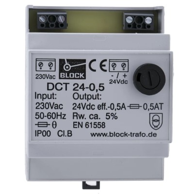 Block Linear DIN Rail Power Supply 230V AC Input 24V DC, 500mA Output, 12W DCT24-0.5