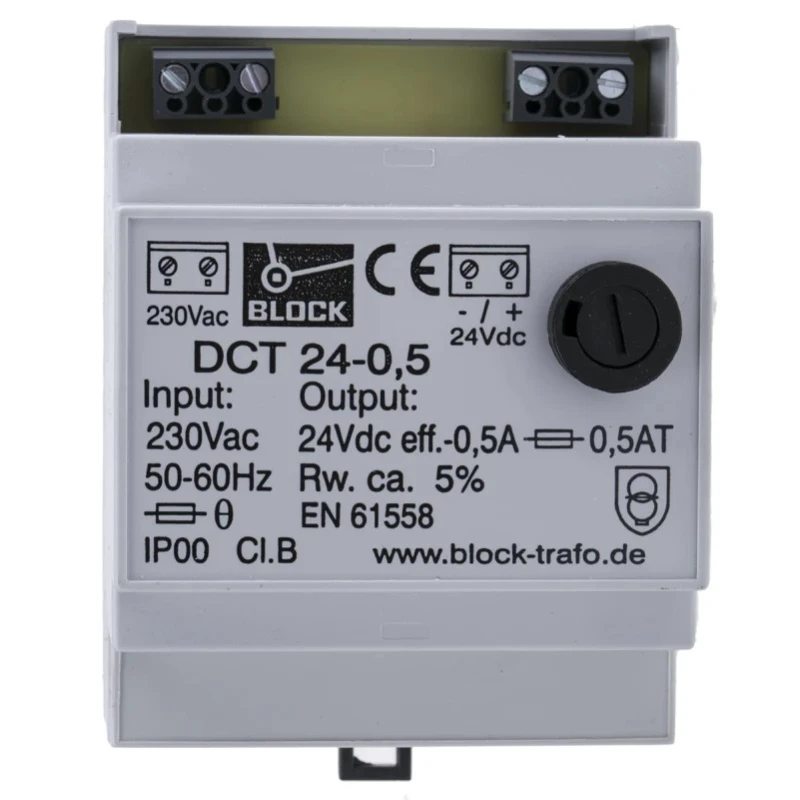 Block Linear DIN Rail Power Supply 230V AC Input 24V DC, 500mA Output, 12W DCT24-0.5