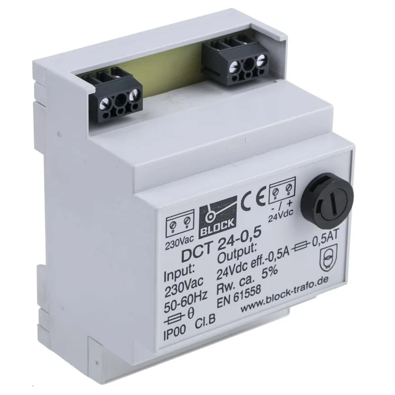 Block Linear DIN Rail Power Supply 230V AC Input 24V DC, 500mA Output, 12W DCT24-0.5