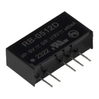 Recom DC/DC Converter 12V dc, -12 V dc, 42 mA Output Current, 5V dc Input, 1 W Power, Through Hole SIP Package RB-0512D