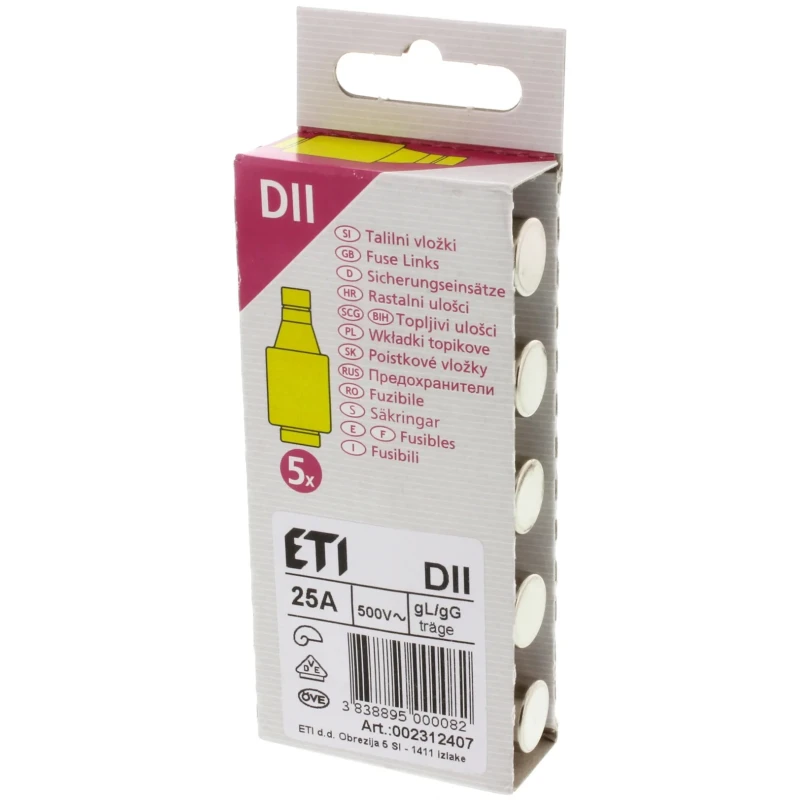 ETI 25A, 500V AC D2 Diazed Fuse with E27 Thread Size 2312407