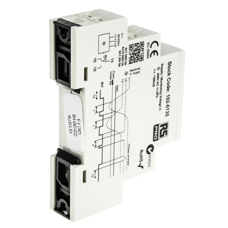 RS PRO Three Phase Monitoring Relay SPDT DIN Rail Mount 280V AC to 520V AC 8A Contact Current 102-6135