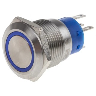 RS PRO Illuminated Momentary Push Button Switch, Panel Mount, 19.2 mm Cutout, SPDT Contact, Blue LED, IP67 Rated 111-3777