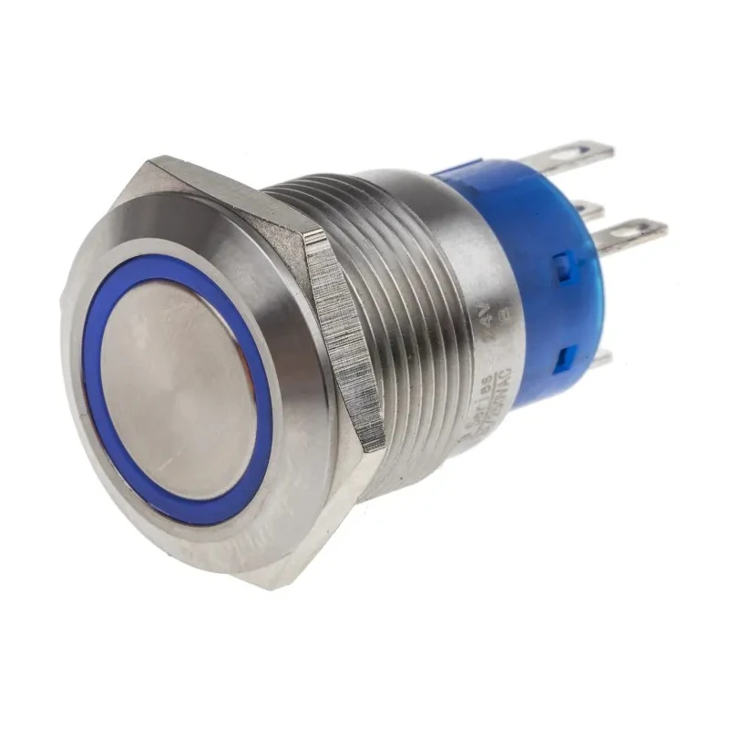 RS PRO Illuminated Momentary Push Button Switch, Panel Mount, 19.2 mm Cutout, SPDT Contact, Blue LED, IP67 Rated 111-3777