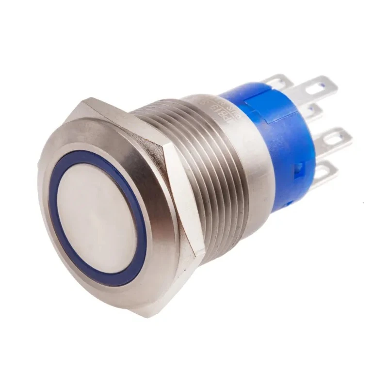 RS PRO Illuminated Momentary Push Button Switch Panel Mount 19.2 mm Cutout DPDT Blue LED IP67 250 V 5A 111-3775