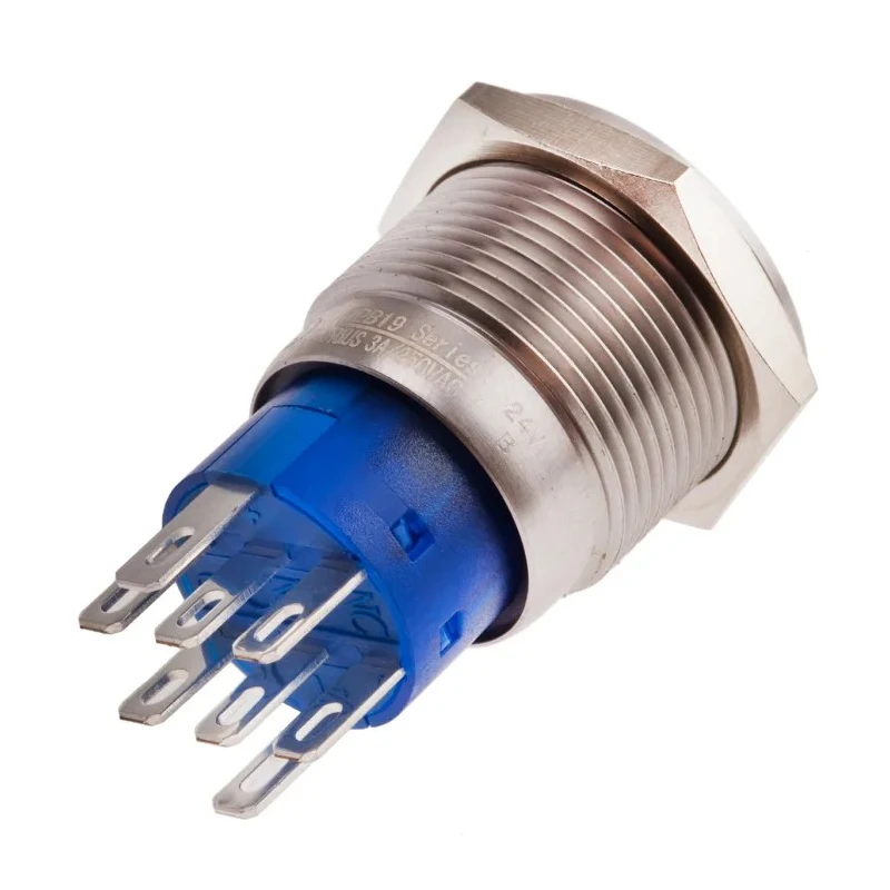 RS PRO Illuminated Momentary Push Button Switch Panel Mount 19.2 mm Cutout DPDT Blue LED IP67 250 V 5A 111-3775