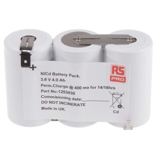 RS PRO 3.6 V NiCd Rechargeable Battery Pack 4 Ah Tab Terminal 3 Cells United Kingdom 125-3430