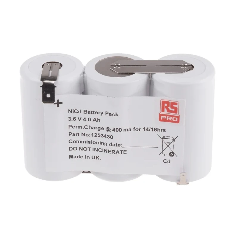 RS PRO 3.6 V NiCd Rechargeable Battery Pack 4 Ah Tab Terminal 3 Cells United Kingdom 125-3430