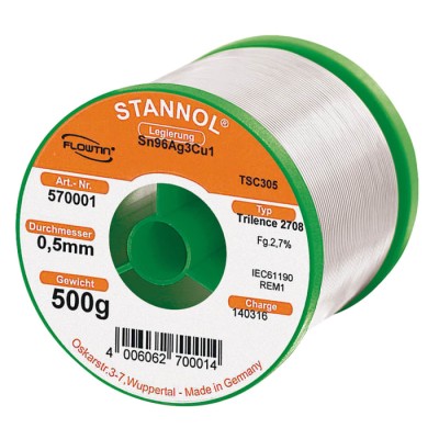 Stannol Lead Free Solder Wire 0.5 mm Diameter, Halide Activated Resin Flux, 217°C Melting Point 570001