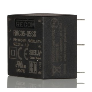 Recom Switching Power Supply 5V DC, 5W, 1A Output, Through Hole Mount, 85-264V AC Input RAC05-05SK