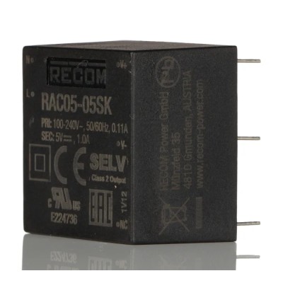 Recom Switching Power Supply 5V DC, 5W, 1A Output, Through Hole Mount, 85-264V AC Input RAC05-05SK