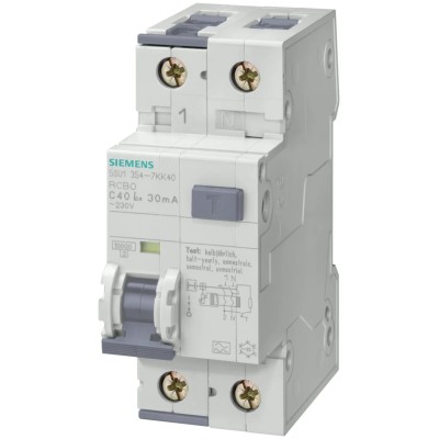 Siemens Residual Current Circuit Breaker with Overload Protection 16A 2-Pole 230V AC 30mA Trip Sensitivity 5SU1354-7KK16