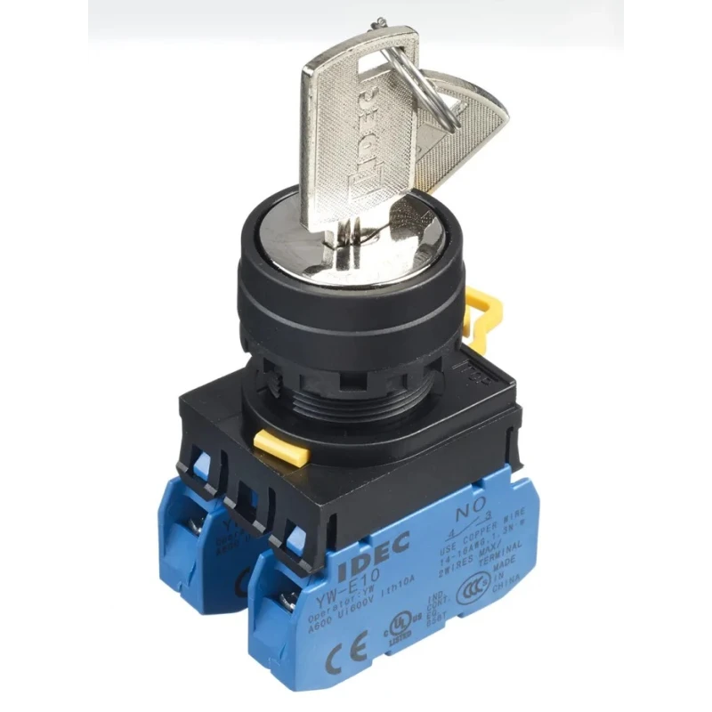 Idec Key Switch, DPST 3-Way Straight Key, Spring Return, IP65, Screw Terminal, 45° Key Index Angle 