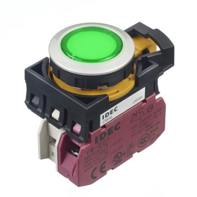 Idec CW Series Illuminated Push Button Switch, Momentary, Panel Mount, 22 mm Cutout, SPST, Green LED, IP65 CW4L-M1E01QM4G