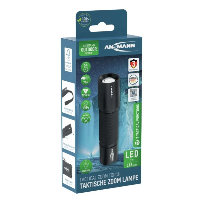 Ansmann Aluminium LED Torch Black 115 Lumens, Spot and Flood Beam, IP54, 104.3 mm Length 1600-0170-520