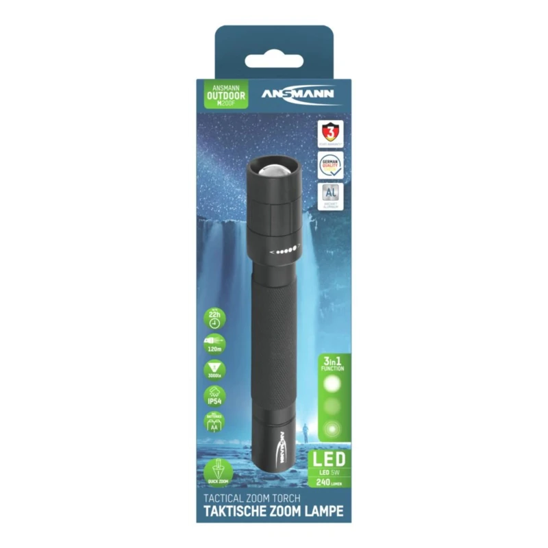 Ansmann LED Torch Black 240 lm Luminosity IP54 Aluminium Housing 164 mm Length 1600-0173-520
